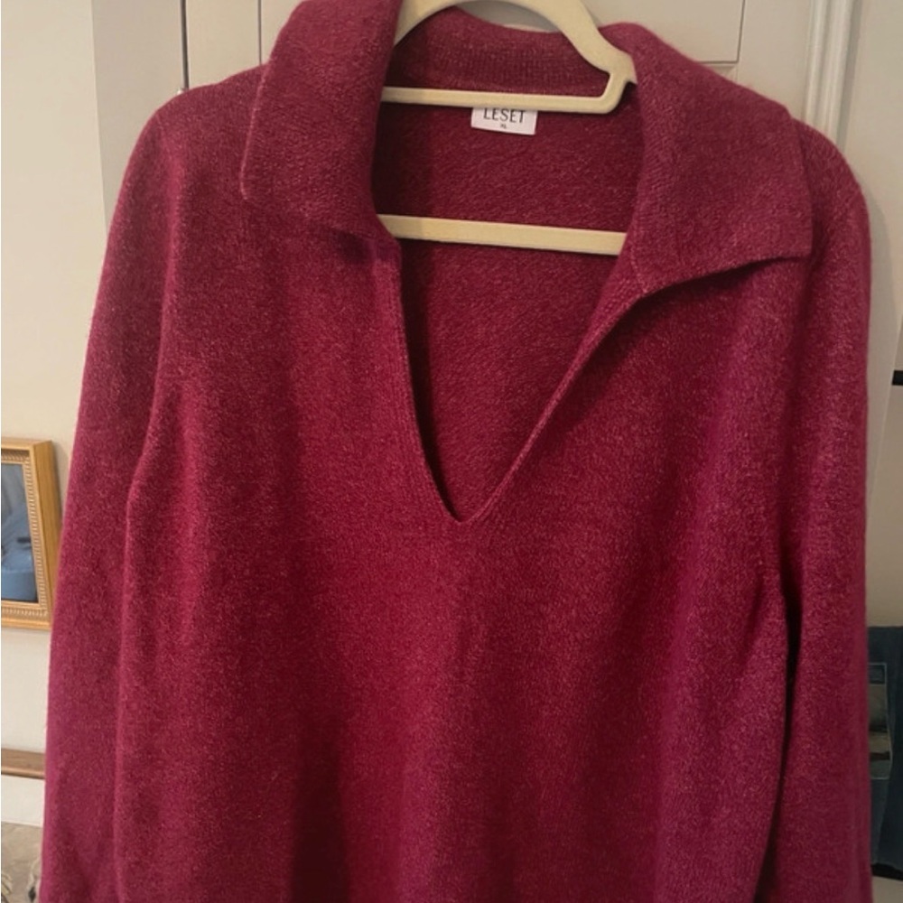 LESET Deep Wine V-Neck Collared Sweater